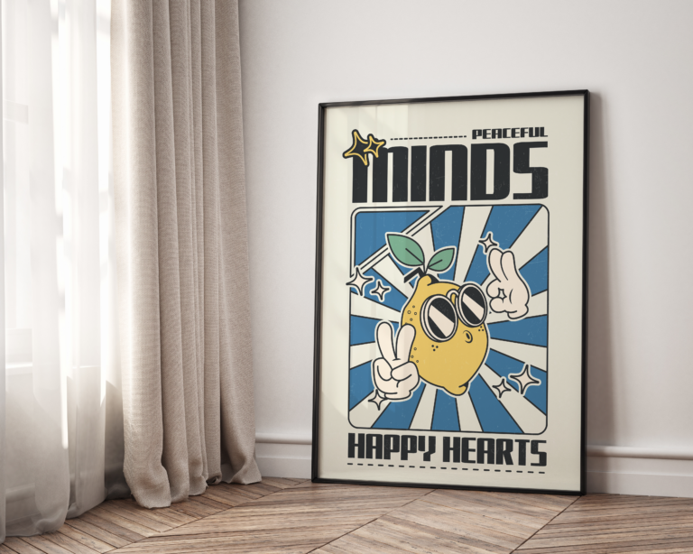 Peaceful Minds Happy Hearts – kolorowy plakat z pozytywnym przesłaniem Plakat