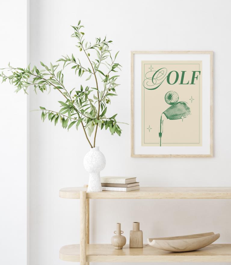 Golf – minimalistyczny plakat z kijem i piłką golfową Plakat
