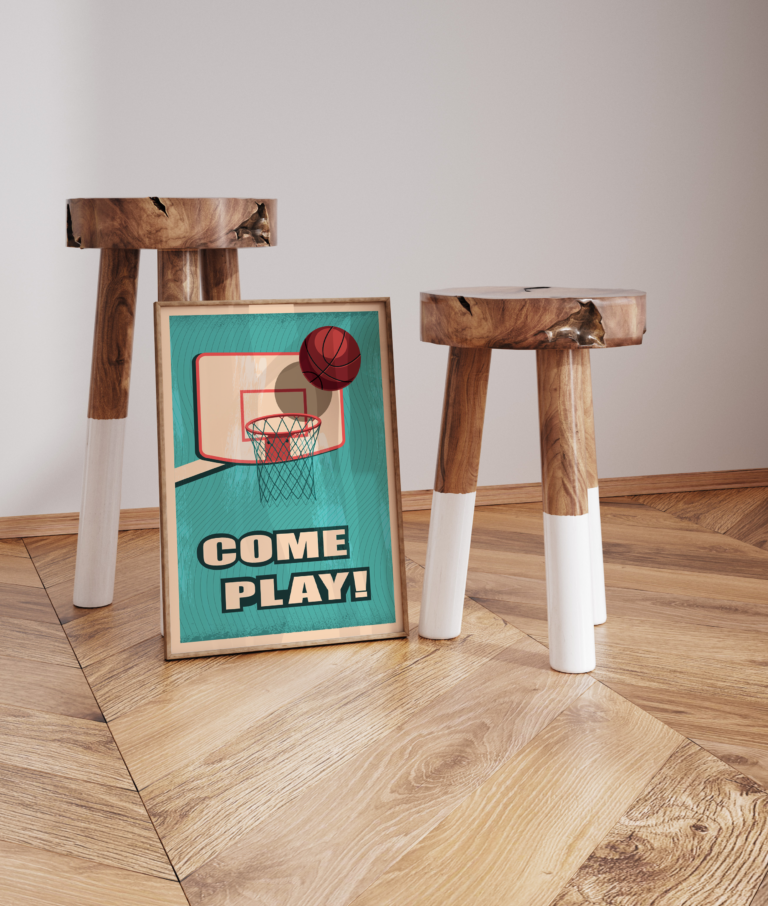 Koszykówka – Come Play! – plakat z piłką i koszem Plakat