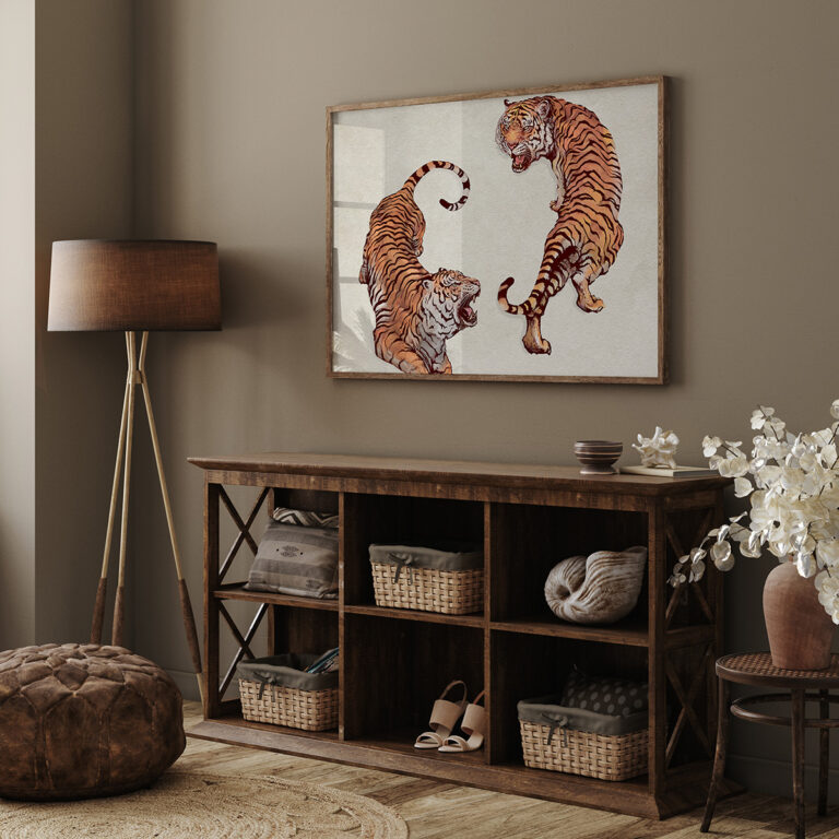 Dwa Tygrysy – Orientalna Grafika w Stylu Japońskim Plakat