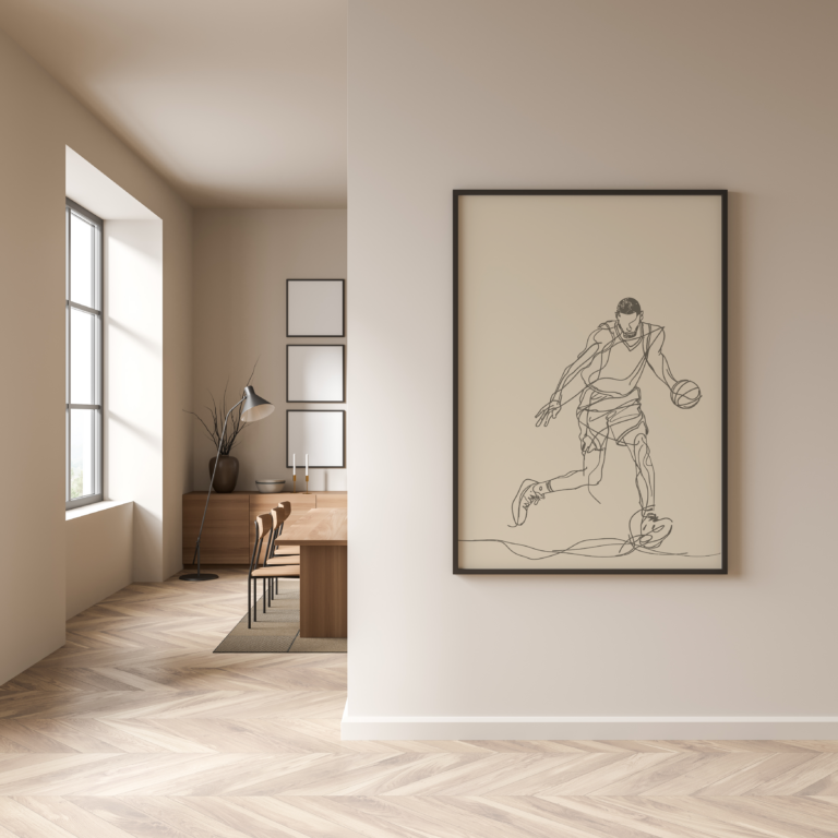 Koszykówka – minimalistyczny plakat z koszykarzem Plakat
