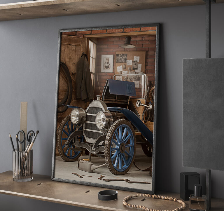 Zabytkowy Samochód w Garażu – Klasyczna Motoryzacja Vintage Plakat