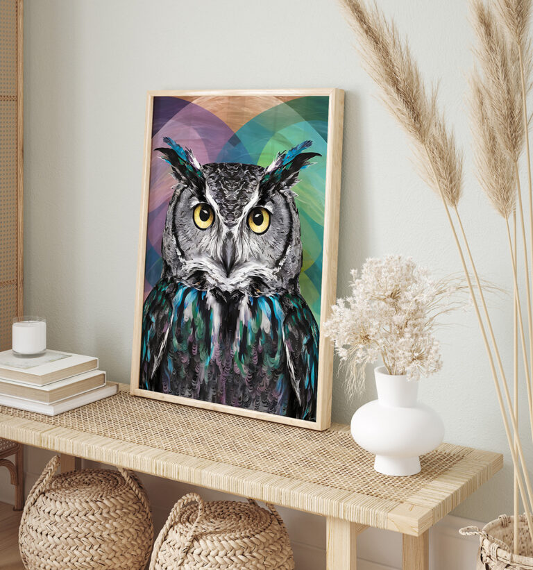 Kolorowa Sowa – Artystyczny Portret w Geometrycznych Barwach Plakat