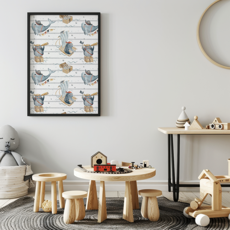 Fototapeta Pirackie Wieloryby i Statek dla Dzieci Plakat