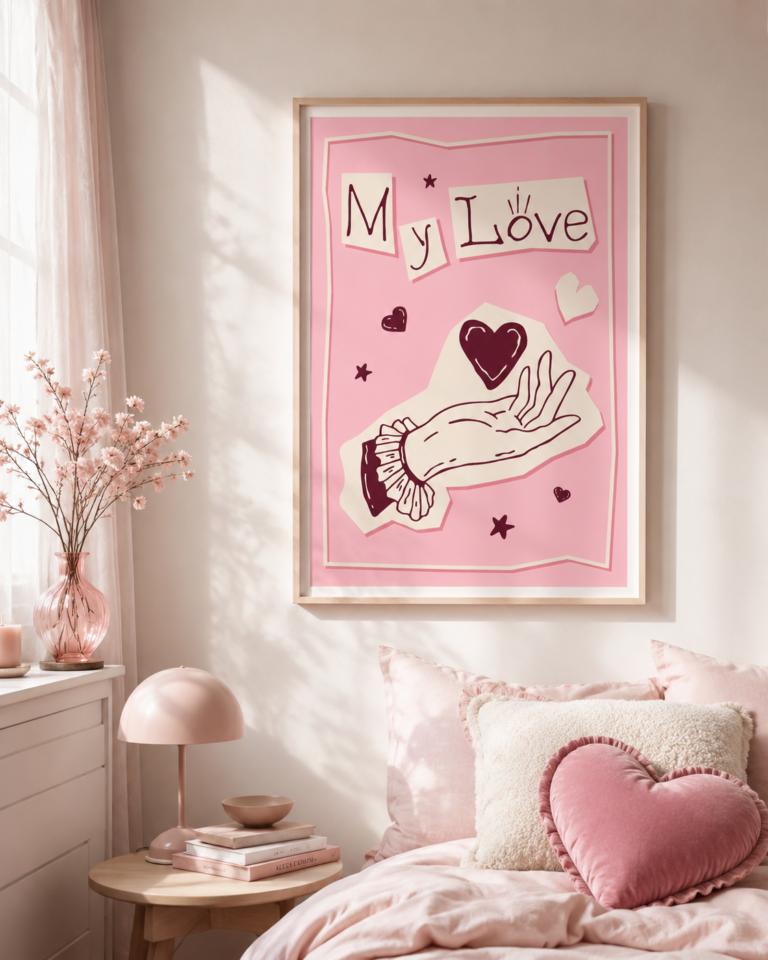 My Love – Różowa Ilustracja z Sercem Plakat