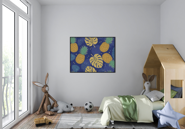 Żółte Ananasy i Liście na Granatowym Tle Plakat
