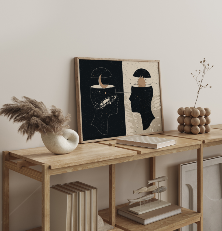 Mind & Universe – artystyczny plakat z motywem dwóch umysłów Plakat