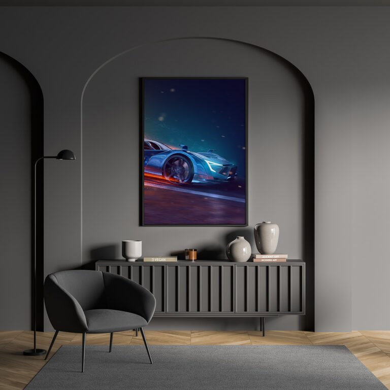 Supersamochód w Ruchu – Futurystyczna Motoryzacja Niebiesko-Pomarańczowa Plakat