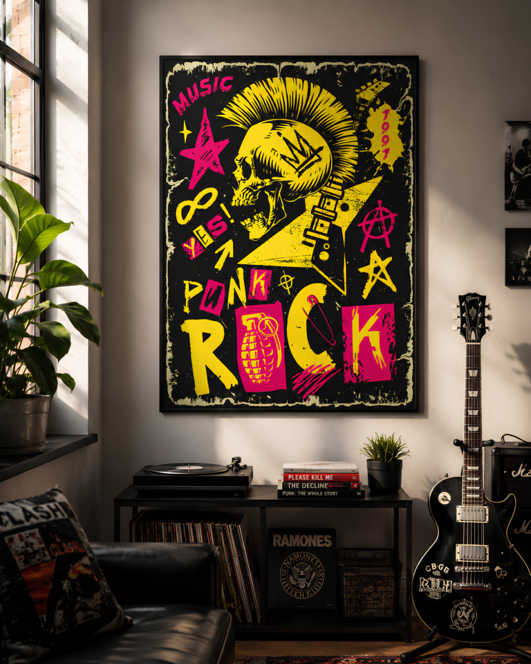 Punk Rock z Czaszką i Gitarą Elektryczną Plakat