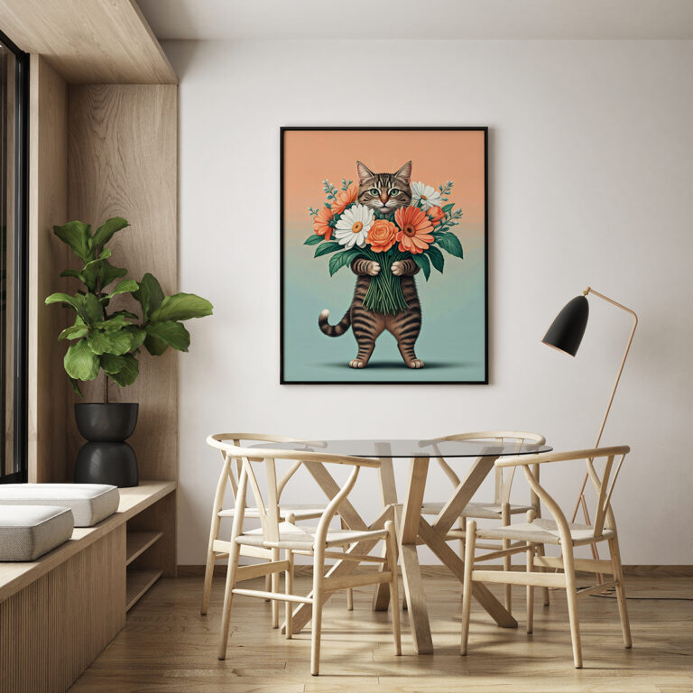 Kot z Bukietem Kwiatów – Urocza Ilustracja w Stylu Retro Plakat