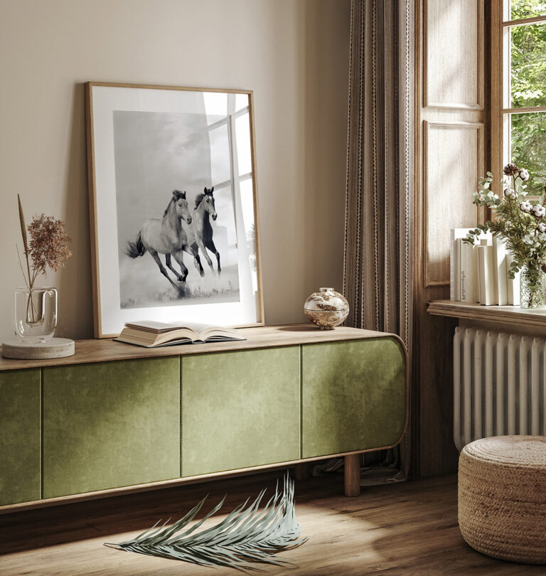 Dwa Konie w Galopie – Elegancka Monochromatyczna Dekoracja Plakat