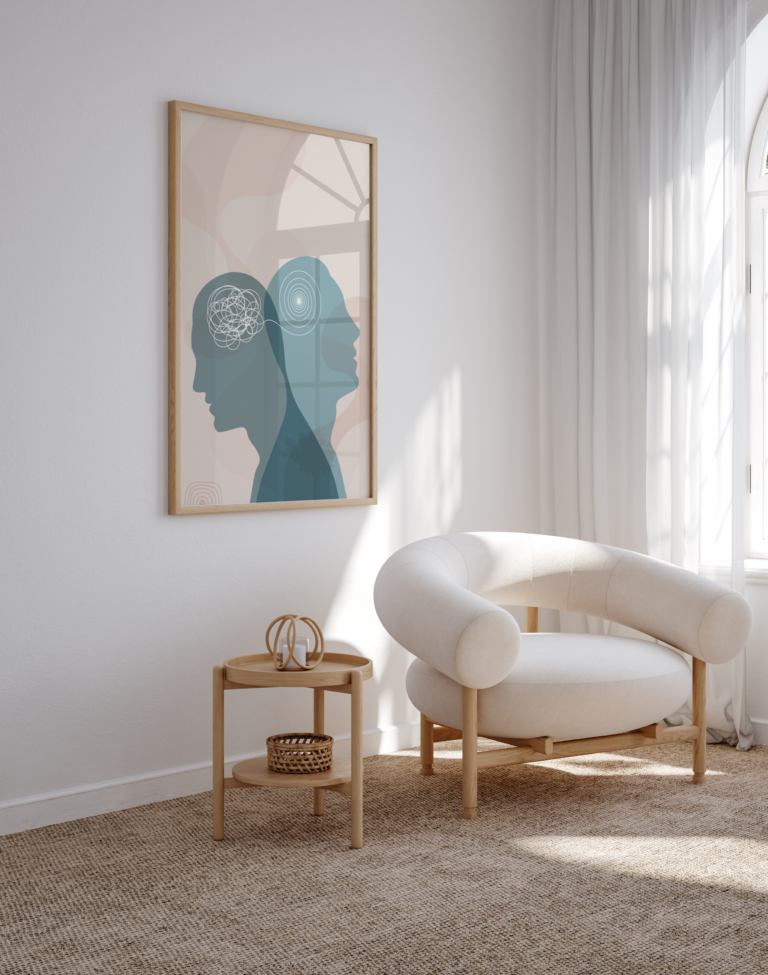 Mind Balance – minimalistyczny plakat z profilami dwóch umysłów Plakat