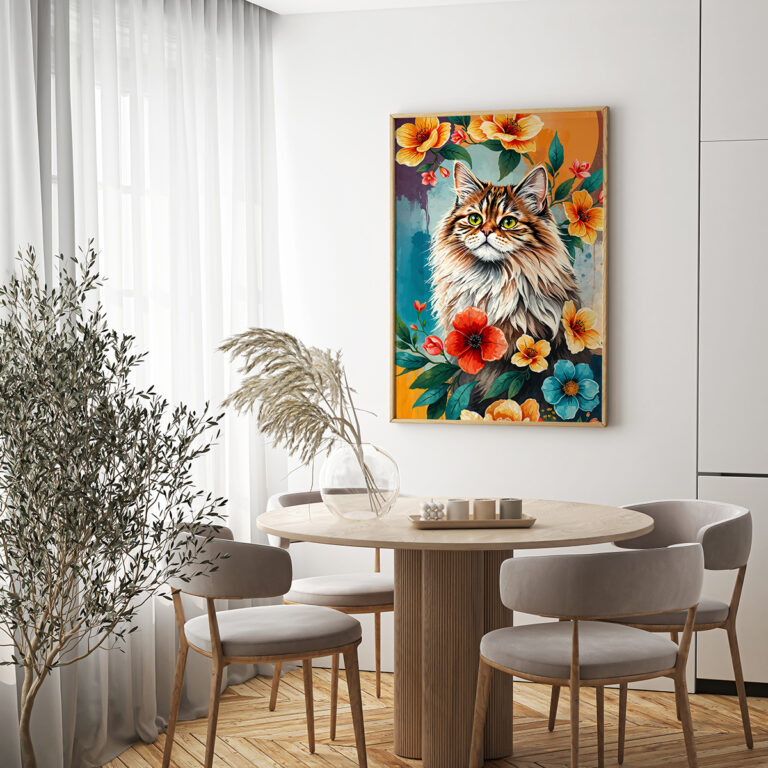 Kot w Tropikalnych Kwiatach – Kolorowy Kot w Kwiatowej Kompozycji Plakat