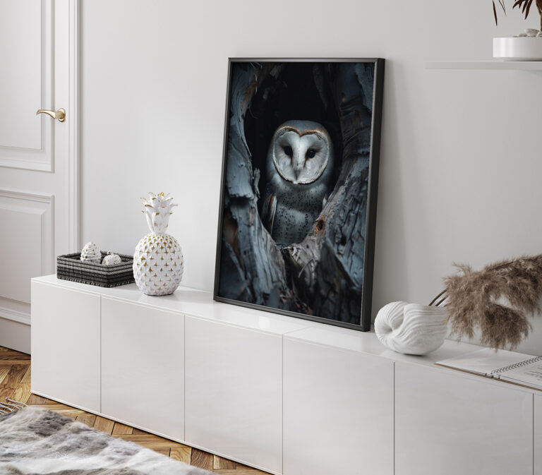 Sowa Płomykówka w Dziupli – Fotograficzny Plakat z Leśnym Motywem Plakat