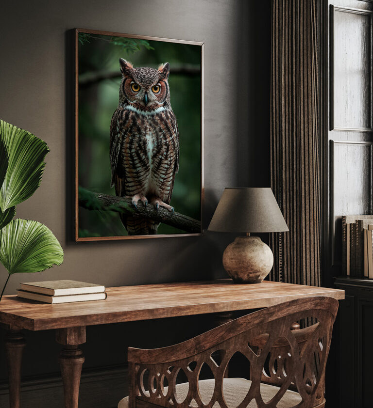 Sowa na Gałęzi – Realistyczny Portret Leśnego Ptaka Plakat