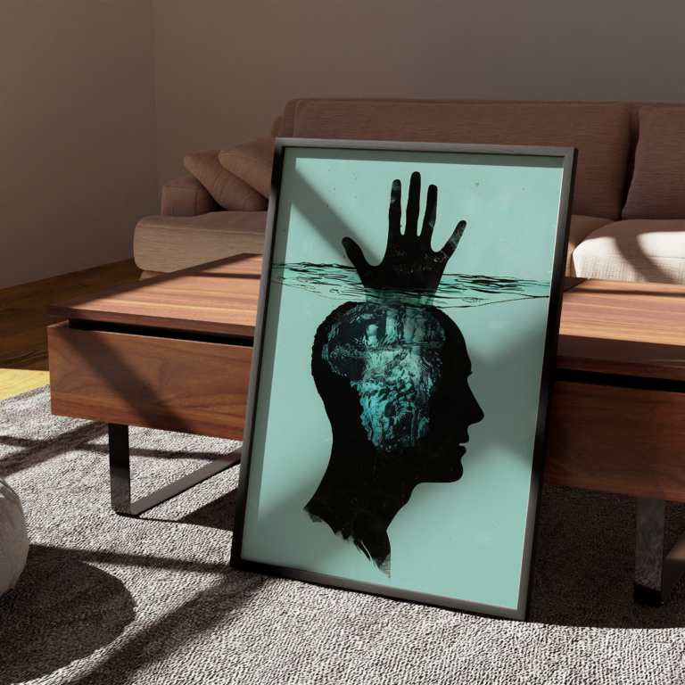 Mind Underwater – artystyczny plakat z sylwetką głowy i dłoni Plakat