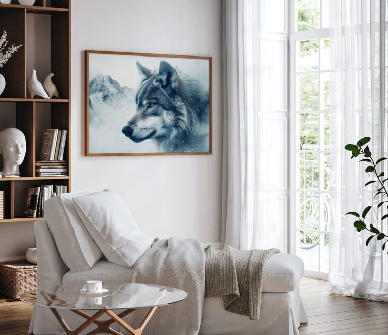 Wilk w Górach – Niebieski Plakat z Wilkiem Plakat