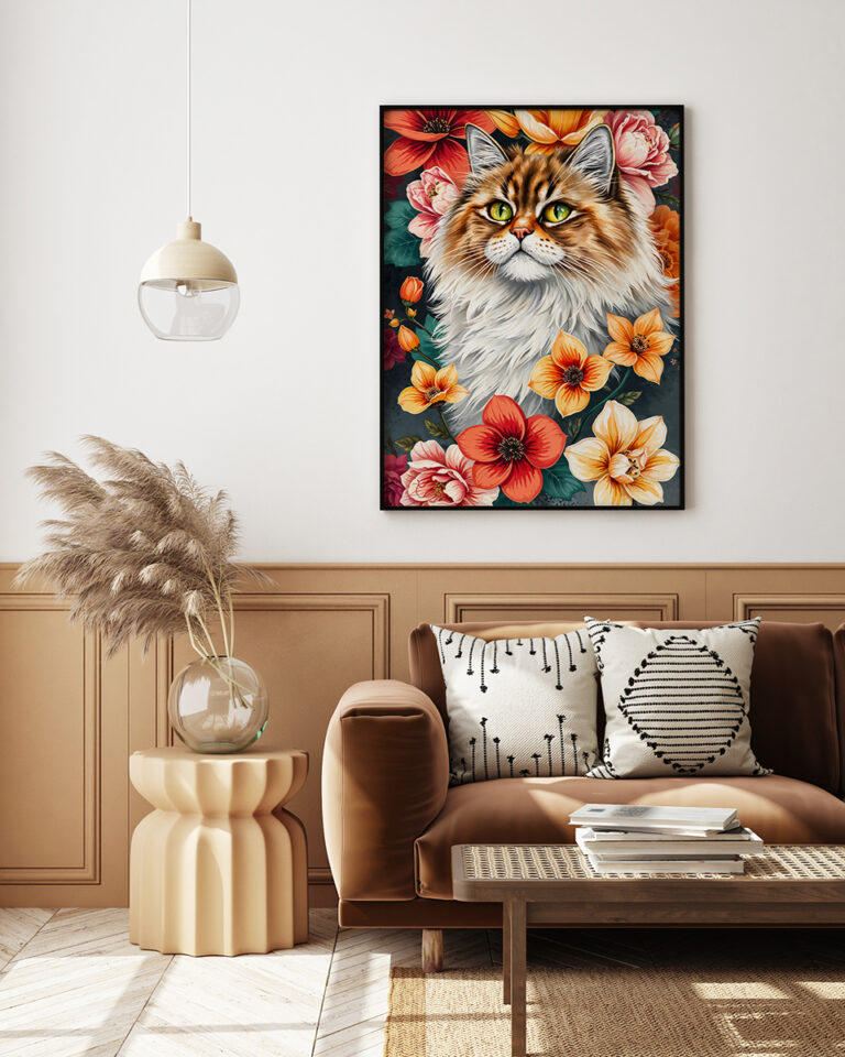 Kot w Kwiatach – Puszysty Kot wśród Kolorowych Kwiatów Plakat