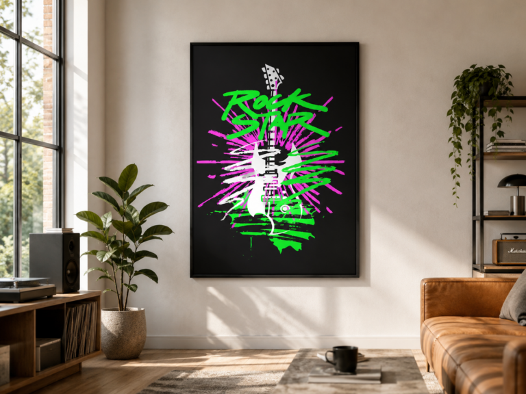 Rock Star z Gitarą – Graffiti Neon Art Plakat