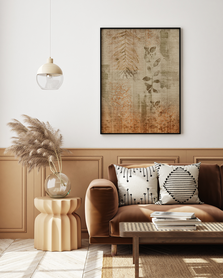 Fototapeta vintage botaniczne liście i kwiaty w brązowej kolorystyce Plakat