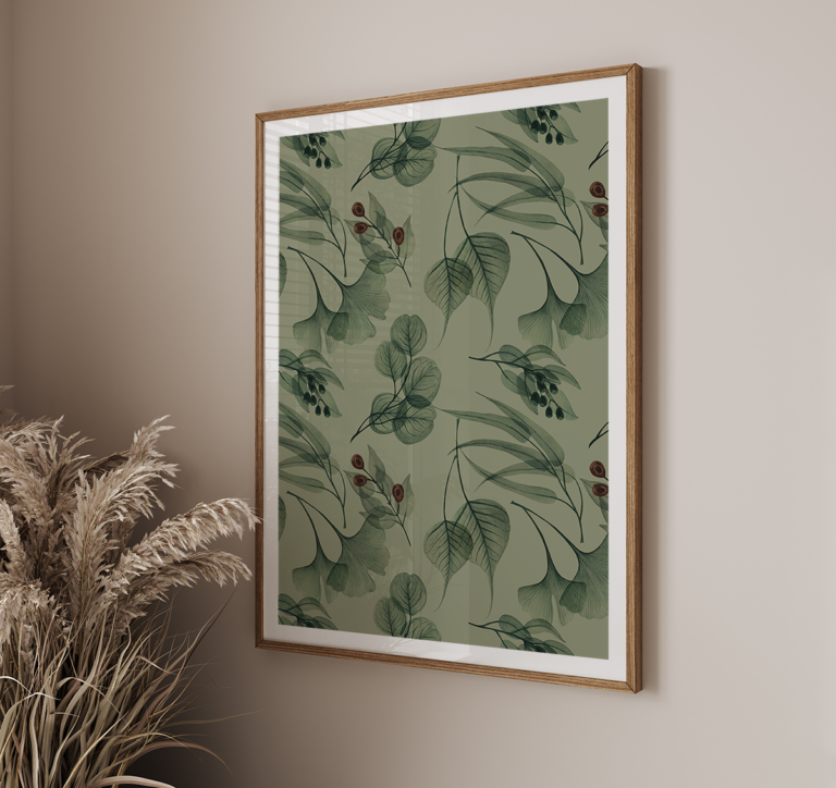 Botaniczne liście i gałązki z owocami na zielonym tle Plakat