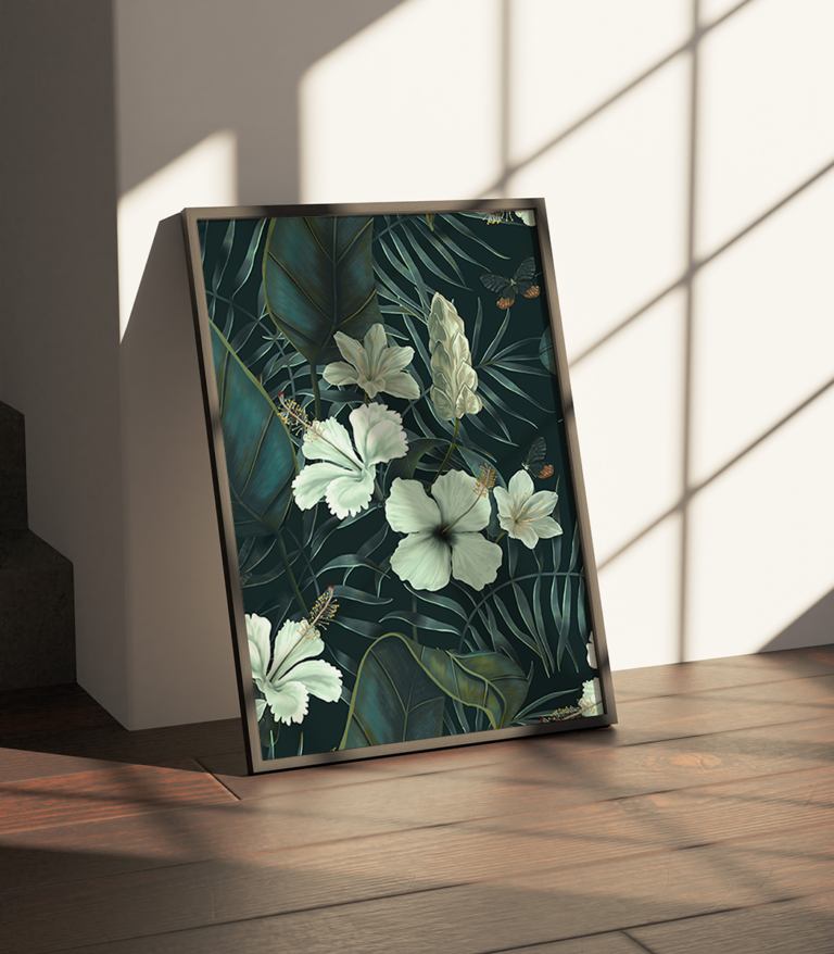 Tropikalne liście i kwiaty na ciemnym tle Plakat