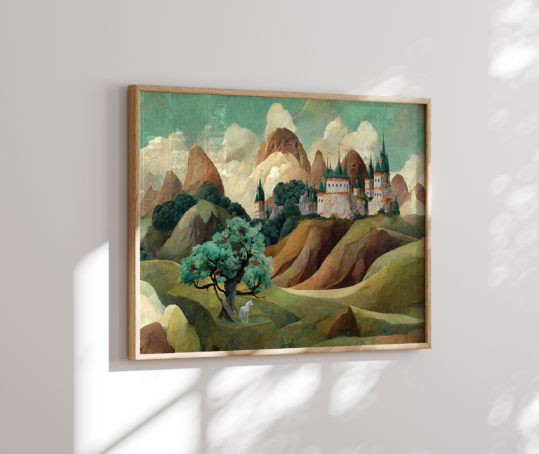 Bajkowy zamek w górskiej krainie Plakat