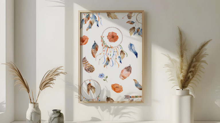 Łapacze snów, pióra i kwiaty boho Plakat