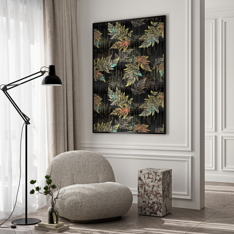 Ciemny botaniczny ornament z kolorowymi liśćmi Plakat