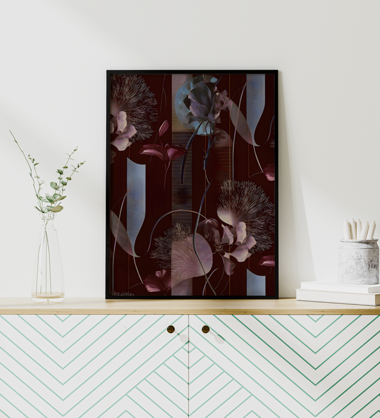 Eleganckie kwiaty i geometryczne ornamenty na bordowym tle Plakat