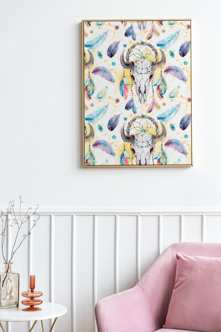 Czaszka boho z piórami i łapaczami snów Plakat