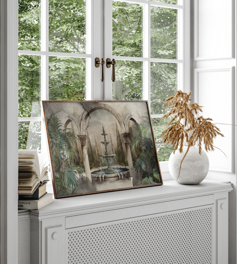 Klasyczna fontanna pod arkadami – fototapeta w stylu vintage Plakat