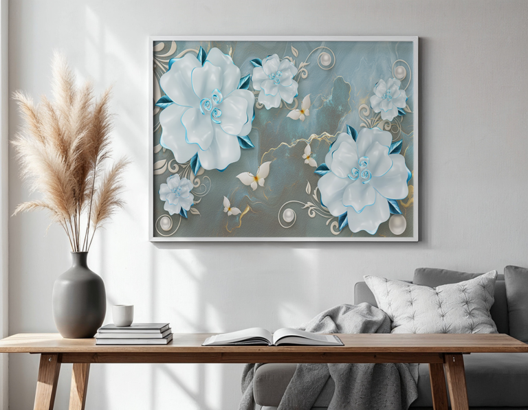 Białe kwiaty 3D na niebieskim tle – elegancka fototapeta Plakat