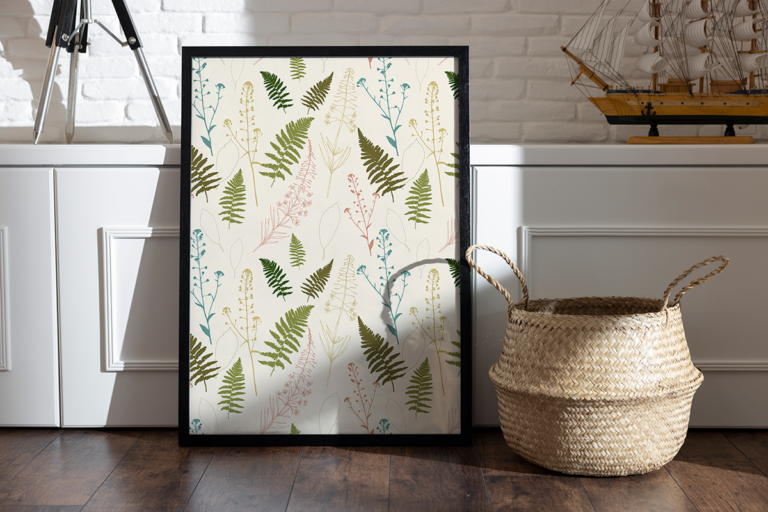 Botaniczne paprocie i liście na jasnym tle Plakat