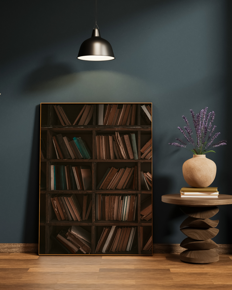 Biblioteczna ściana z drewnianymi półkami i książkami Plakat