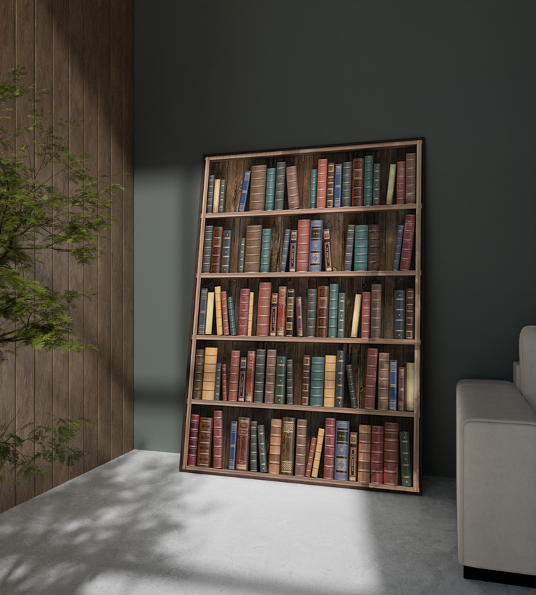 Elegancka sypialnia z biblioteką pełną książek Plakat