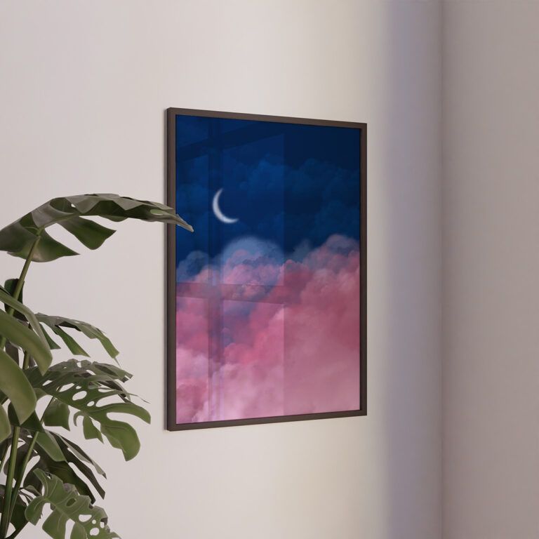 Nocne niebo – niebo nocą z księżycem i różowymi chmurami Plakat