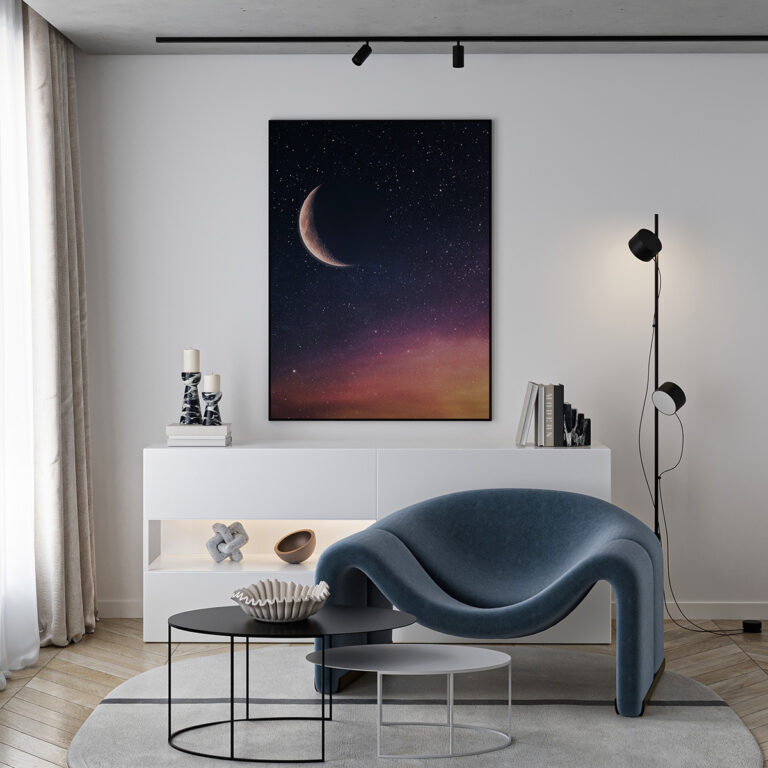 Nocne niebo – niebo nocą z księżycem i kolorową galaktyką Plakat