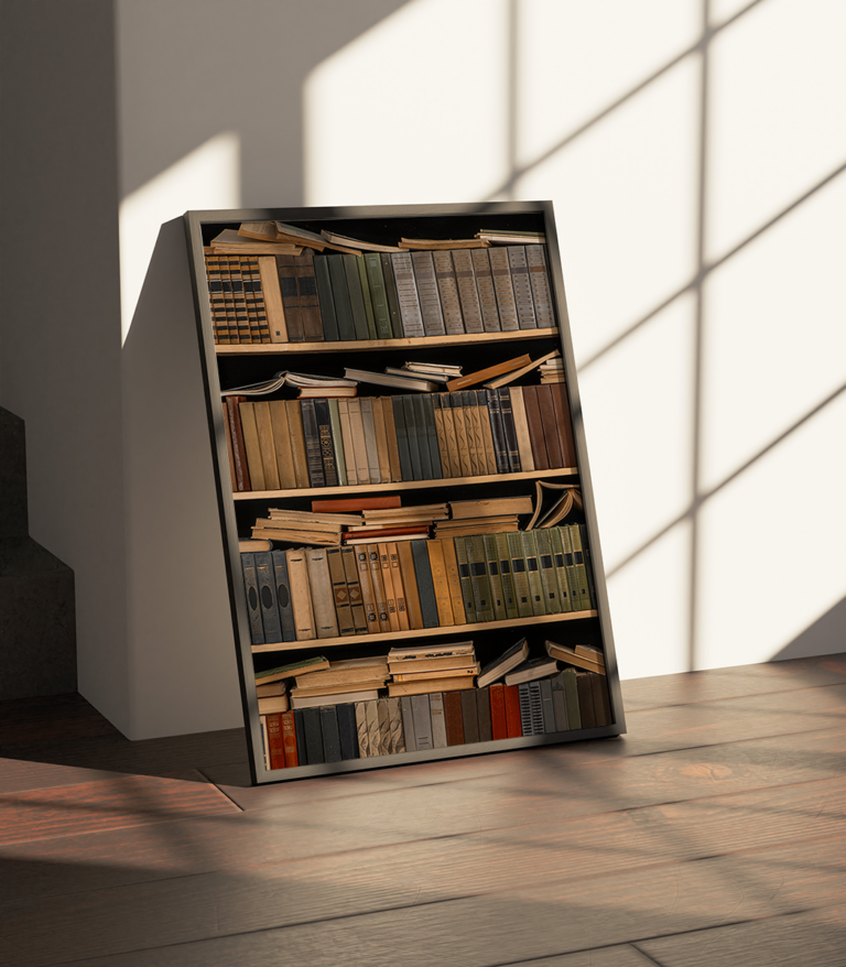 Klasyczna biblioteka z drewnianym biurkiem w eleganckim gabinecie Plakat