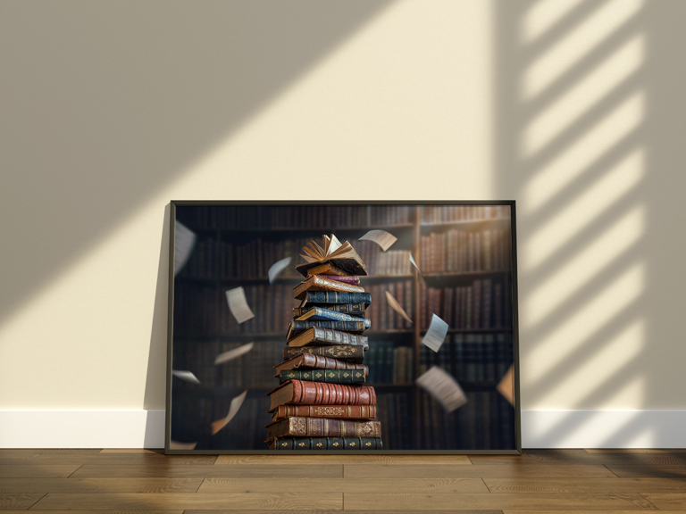 Stos starych ksiąg w eleganckim gabinecie bibliotecznym Plakat