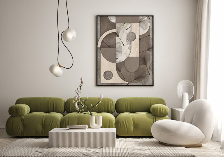 Marmur geometryczny z motywem liści miłorzębu w odcieniach beżu i taupe Plakat