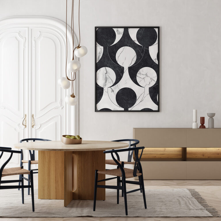 Marmur geometryczny czarno-biały z kontrastowymi kołami i łukami Plakat