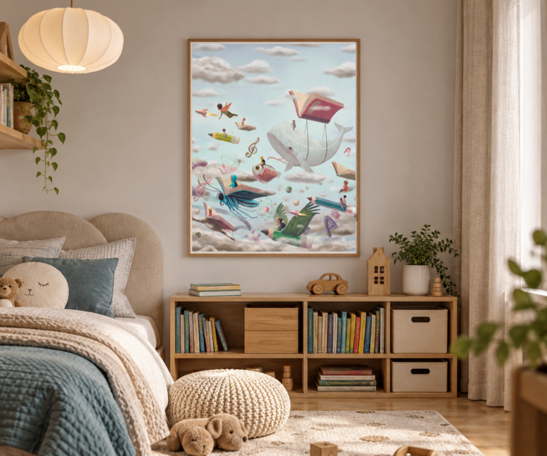 Bajkowa biblioteka wśród chmur z książkami Plakat