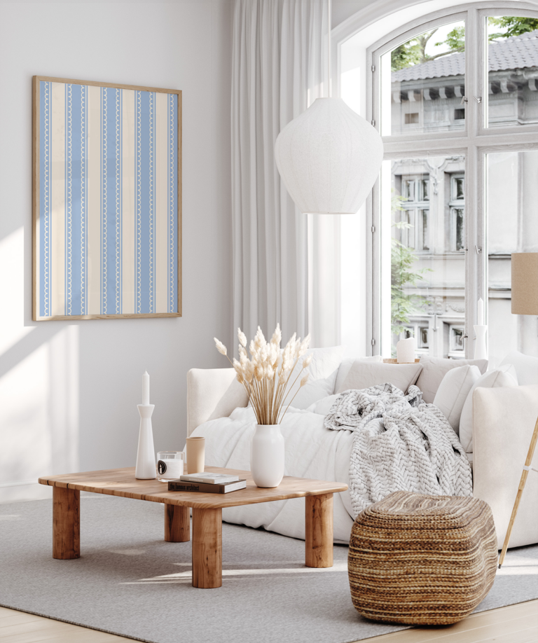Niebieskie pasy z delikatnym ornamentem Plakat