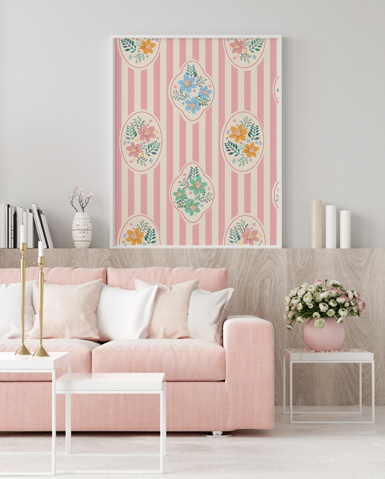 Różowe pasy i kwiatowe ornamenty w stylu vintage Plakat