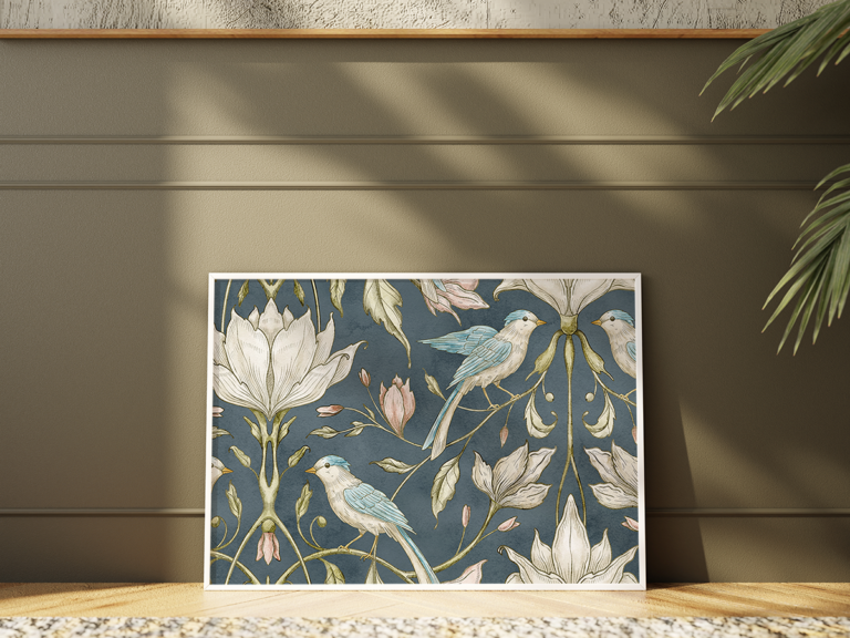 Granatowe kwiaty i ptaki w stylu vintage Plakat