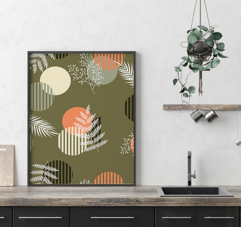 Nowoczesne liście i geometryczne kształty na oliwkowym tle Plakat